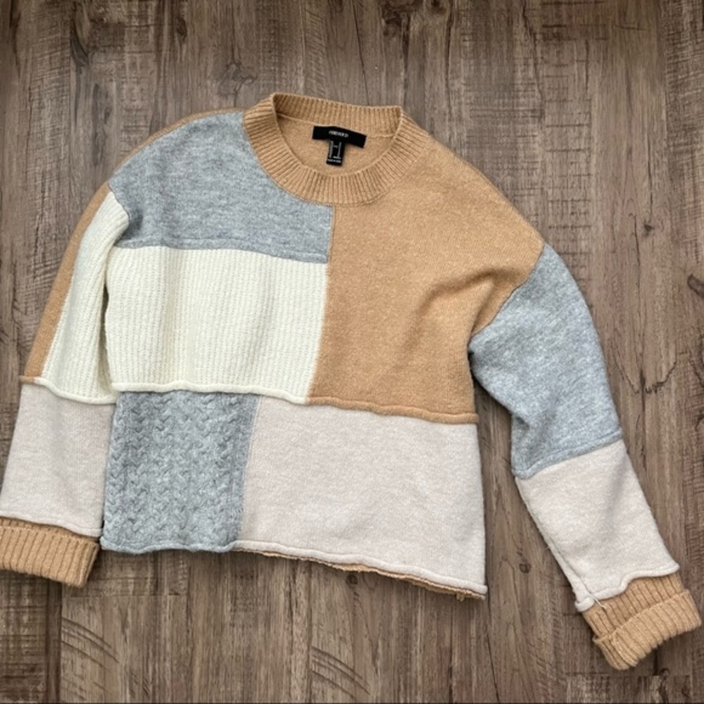 Forever 21 Colorblock Cowl Neck Sweater - Tan, Cream, Gray